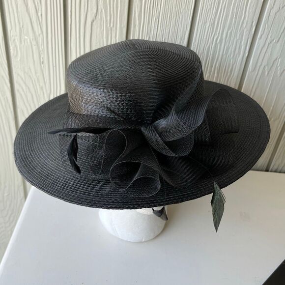 VTG Black Wide Brim Hat Mesh & Feather Trim Formal Church Derby Tea - Picture 7 of 12